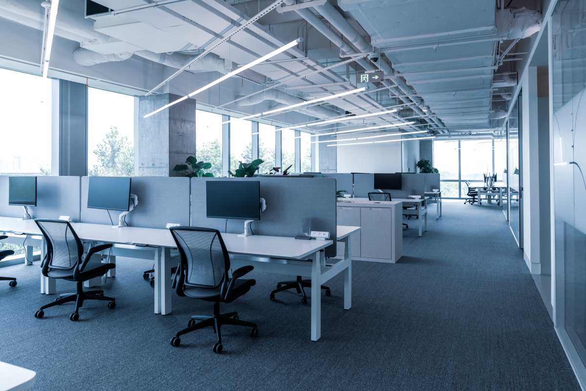 An empty office with cubicles.